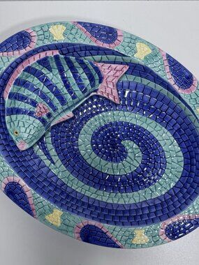 Vintage CLAY ART Kitschy MOSAIC Tile FISH PLATTER AND DIP SET BRIGHT COLORS 1995